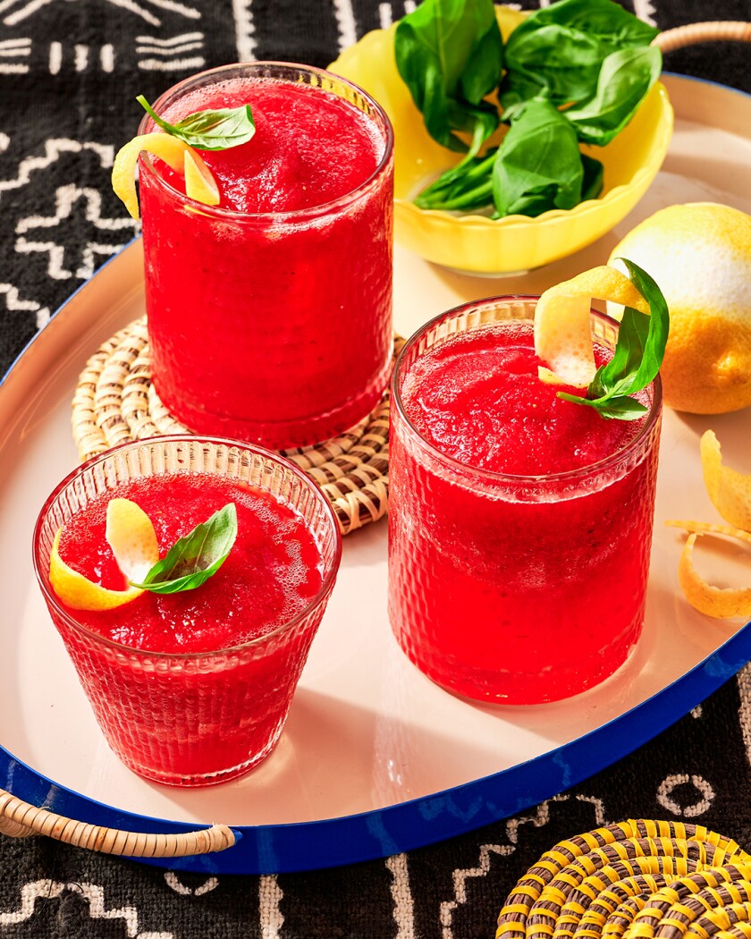 Red foods styled on a bright colored tablecloth