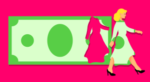 illustration of woman walking away from dollar bill, clothes, shopping, savings