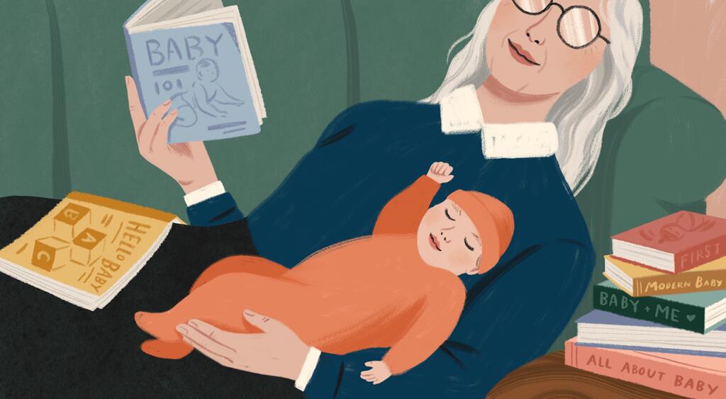 illustration of grandmother reading a book to her granddaughter