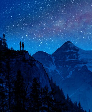 Painting of a dramatic night sky with mountains 