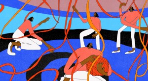 illustration of lady trying to put back together a yarn ball