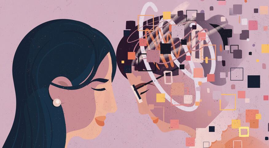 illustration of daughter and mother touching foreheads, dementia
