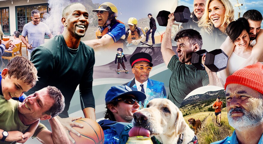 Collage of various men in their 40's and 50's engaging in sports, leisure, relationships, and family bonding