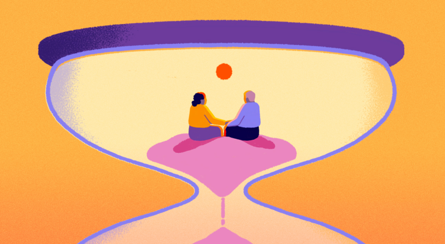 illustration of daughter sitting with father in hourglass