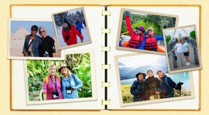 Scrapbook of various travel images of older women