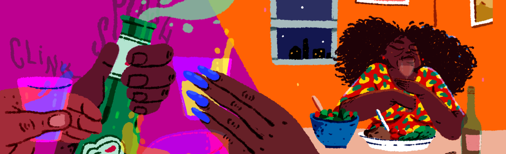 Illustration of party next to woman sitting at home enjoying time alone