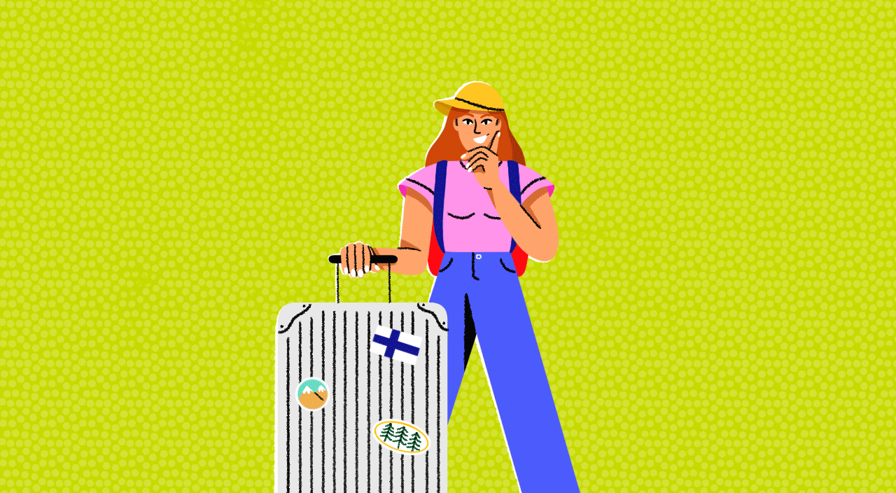 gif illustration of woman with luggage surrounded by happy memories of trip