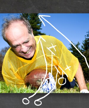 Man playing football with play illustration above image