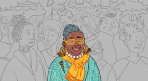 A graphic of a smiling woman in a crowd who does not notice her.