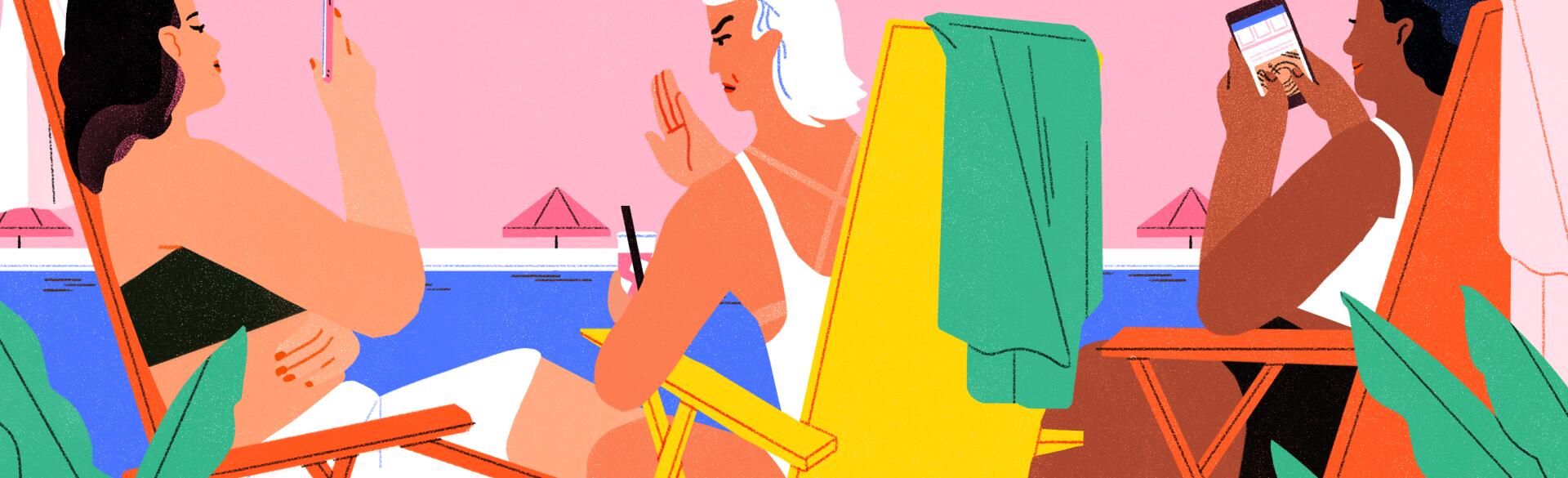 illustration of women sitting at the beach one lady ranting the others on their phones