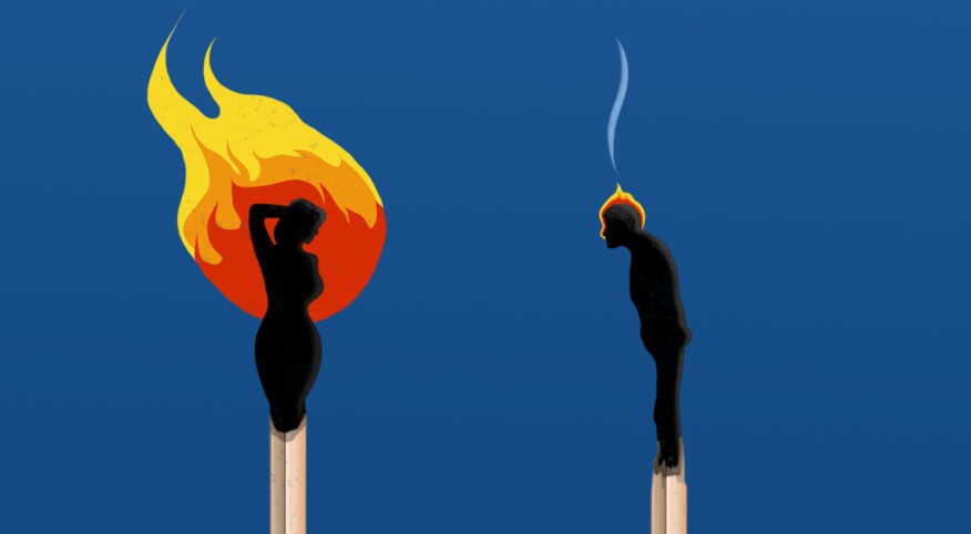 An illustration of a man and woman as matches - the woman's match is on fire as she strikes a sexy pose, while the man's match looks burned out as he slumps forward.