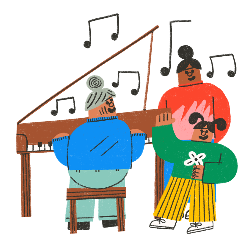 illustration of family gathered around piano, holidays, holiday music