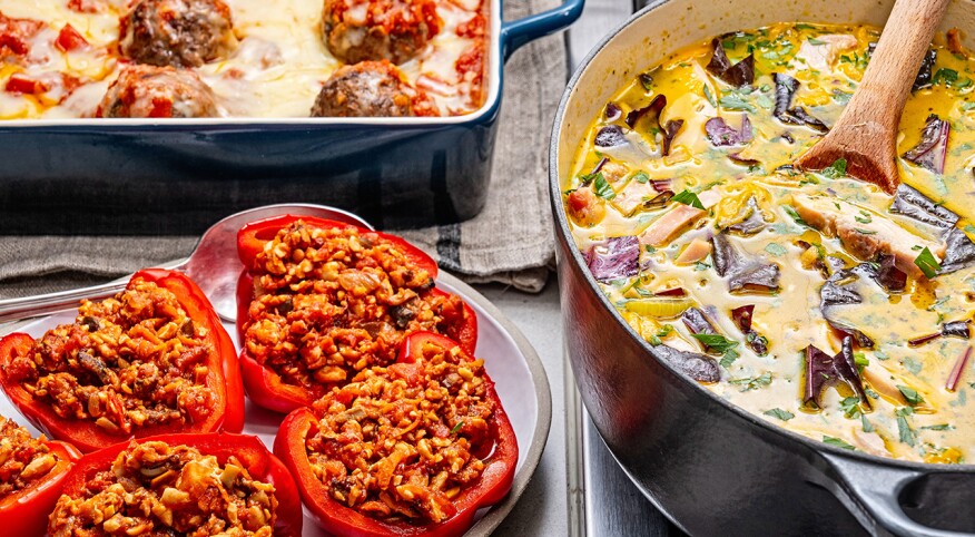 Chicken No-Noodle Soup, Pepper-Stuffed Sloppy Joes, Spaghetti Squash Meatball Casserole