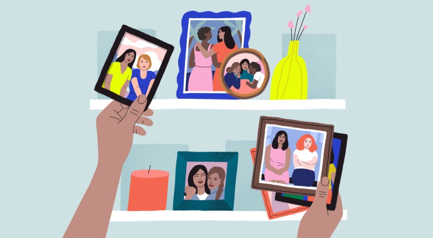 image of woman removing friendship photos off shelves