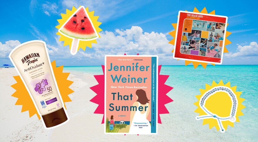 photo collage of summer-related items over image of beach, The Beach Boys, bracelet, watermelon, sunblock, summer reads
