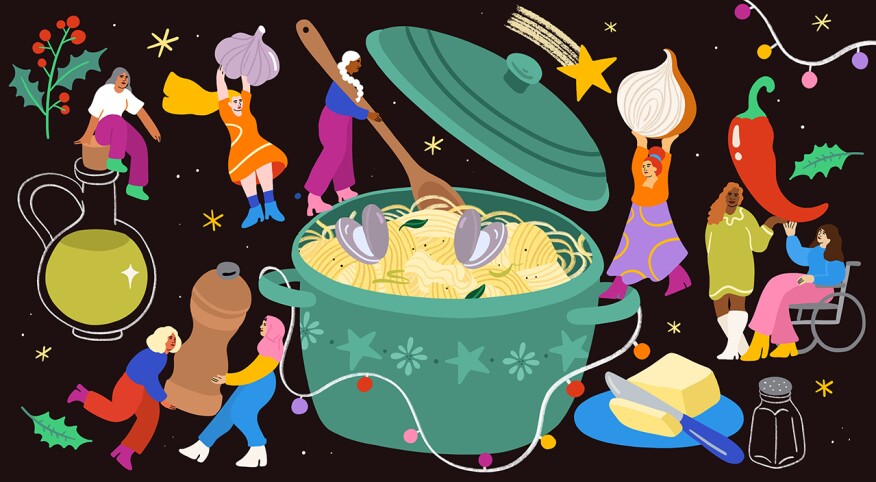 illustration of women surrounded by food and preparing a meal, holiday recipes