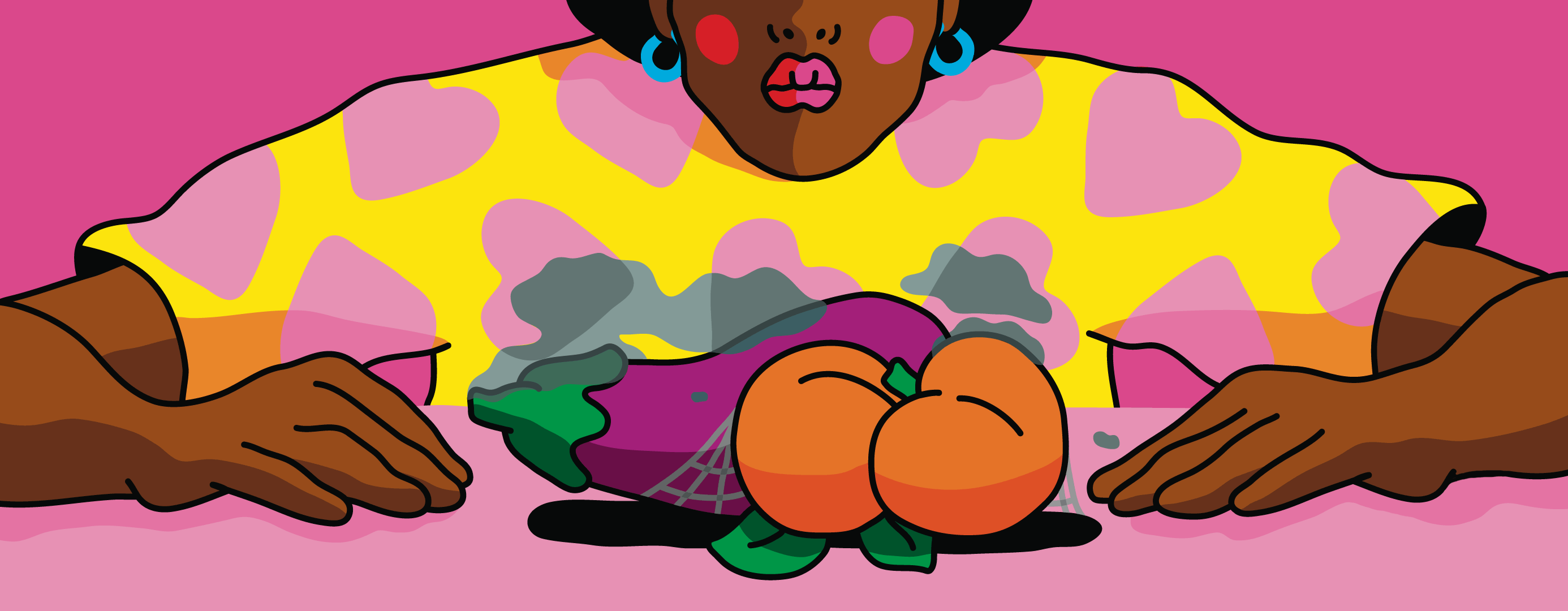 animation of lady blowing off dust from peach and eggplant sex reference