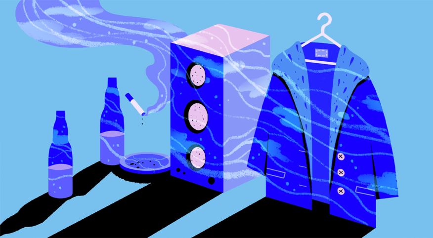 illustration of beer bottles, jacket, and speaker