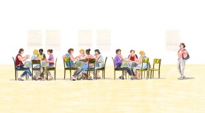 illustration of women sitting at tables and one woman standing to the side by herself