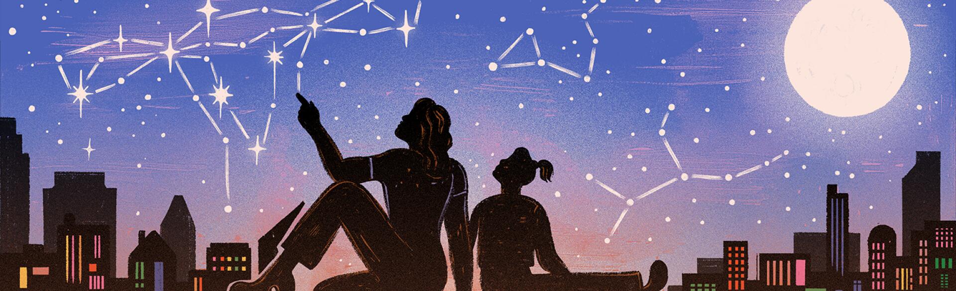 illustration of mother and daughter looking at uterus constellation at night