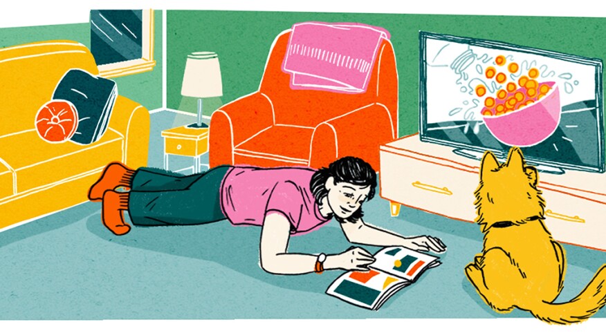 illustration_of_woman_doing_a_plank_in_living_room_while_flipping_through_magazine_by_Lucy_Engelman_1440x560