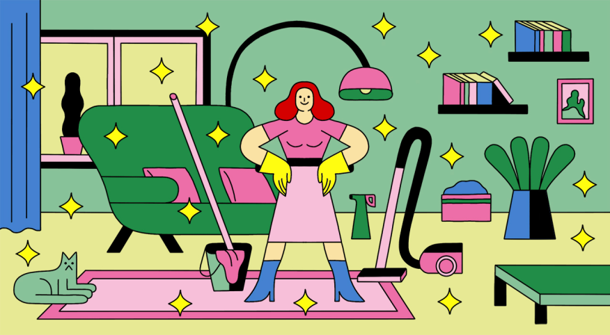 illustration of woman cleaning her living room, tips from cleaner