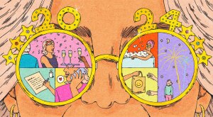 illustration of woman wearing glasses with different scenes related to the new year