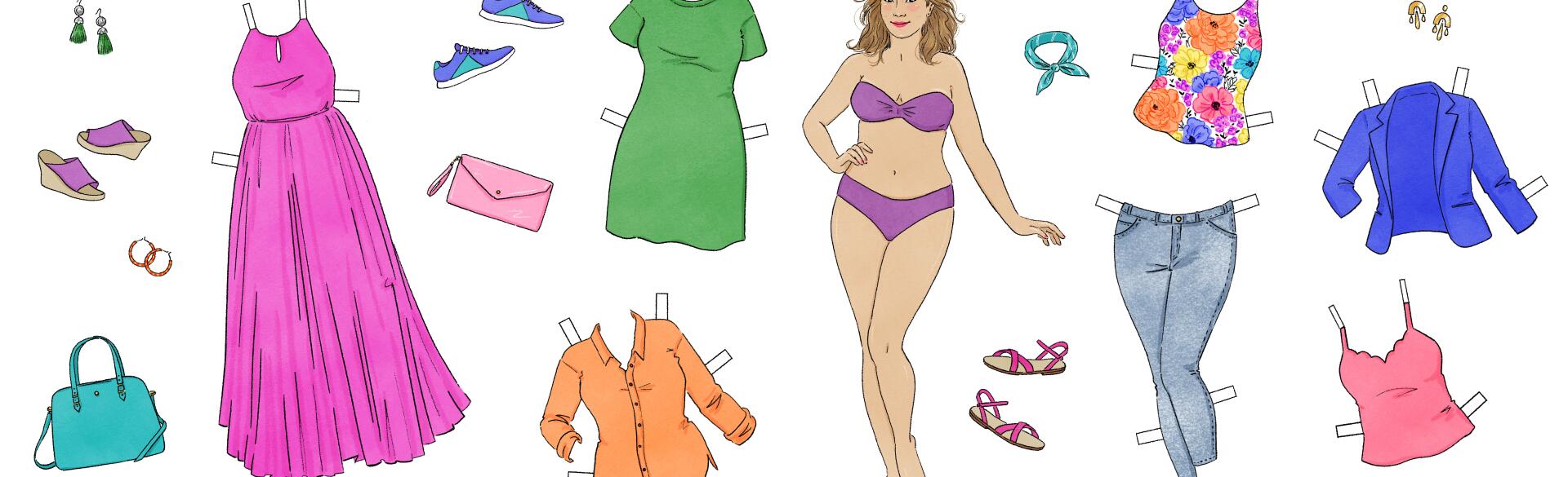 A graphic of a woman surrounded by various pieces of clothing.