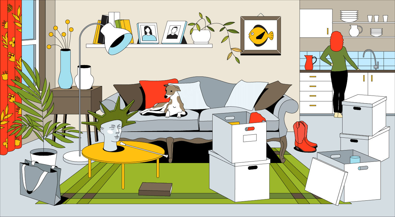Woman in home scene with items disappearing from illustration