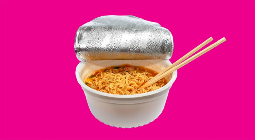 photo of instant ramen noodles in bowl on pink background
