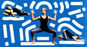photo collage of women going different yoga poses on blue background