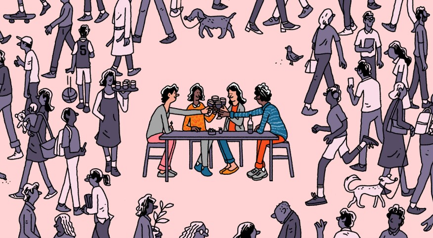 illustration of 4 ladies sitting at table toasting with drinks, friends, friendship