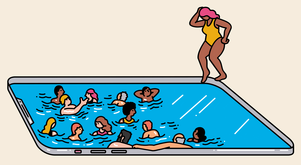 lady dipping foot into pool that is the shape of a cellphone, social media
