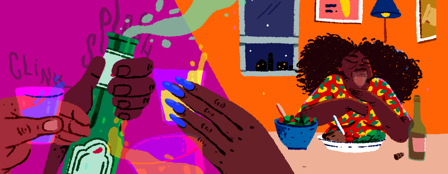 Illustration of party next to woman sitting at home enjoying time alone