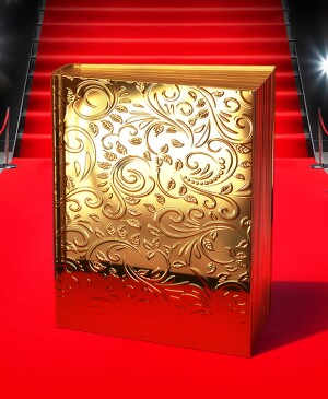 photo illustration of gold book on red carpet, book giveaway