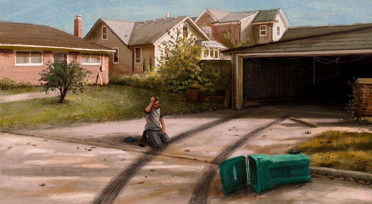 Painted scene of man laying on ground in his driveway next to tire tracks