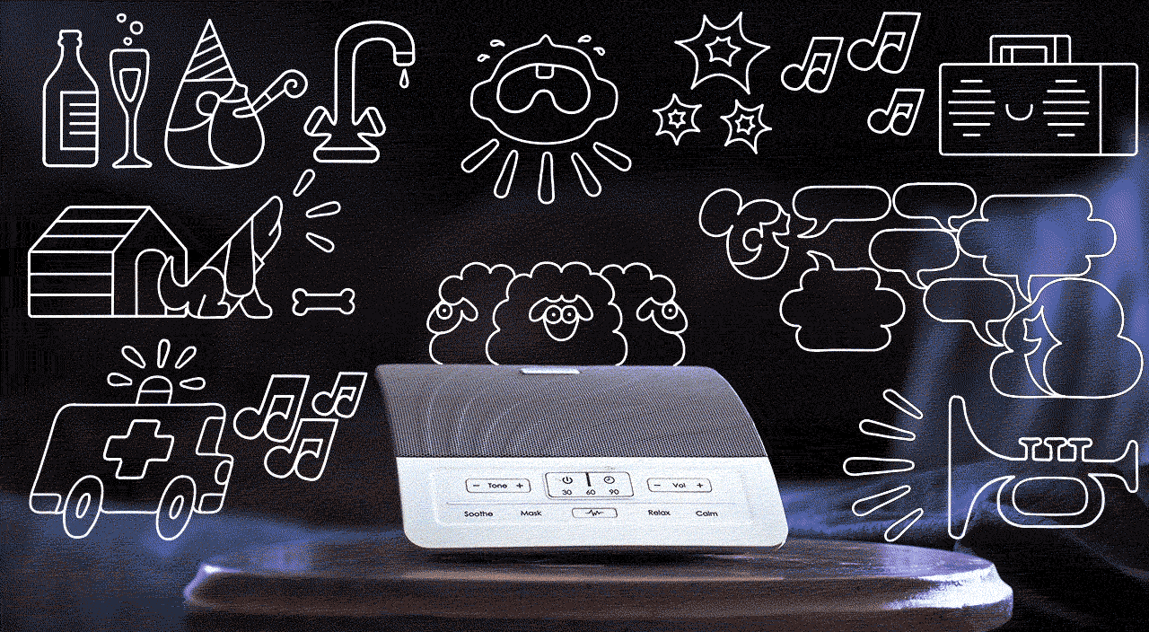 White noise sleep machine with drawings of loud noises being pushed away