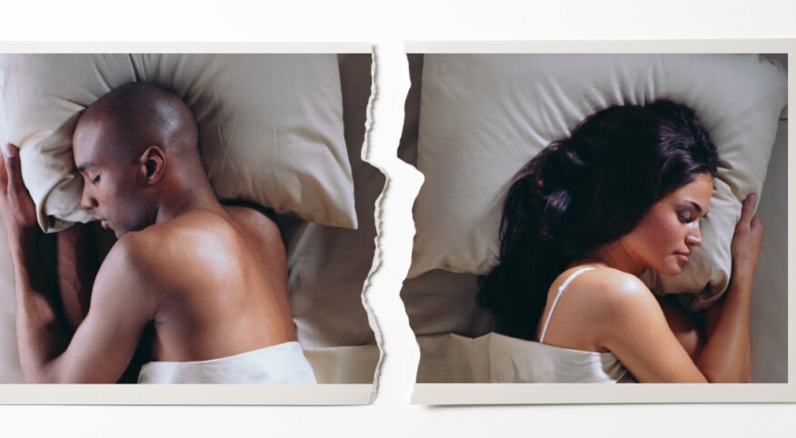 A photo of a man and a woman sleeping in bed with their backs turned to one another. The photo has been torn in half, indicating their separate beds.