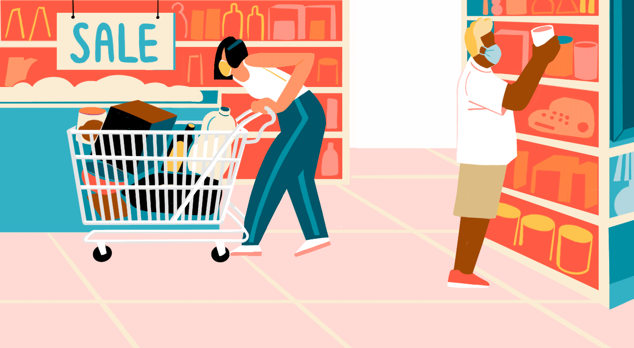 women driving on scooter in grocery story