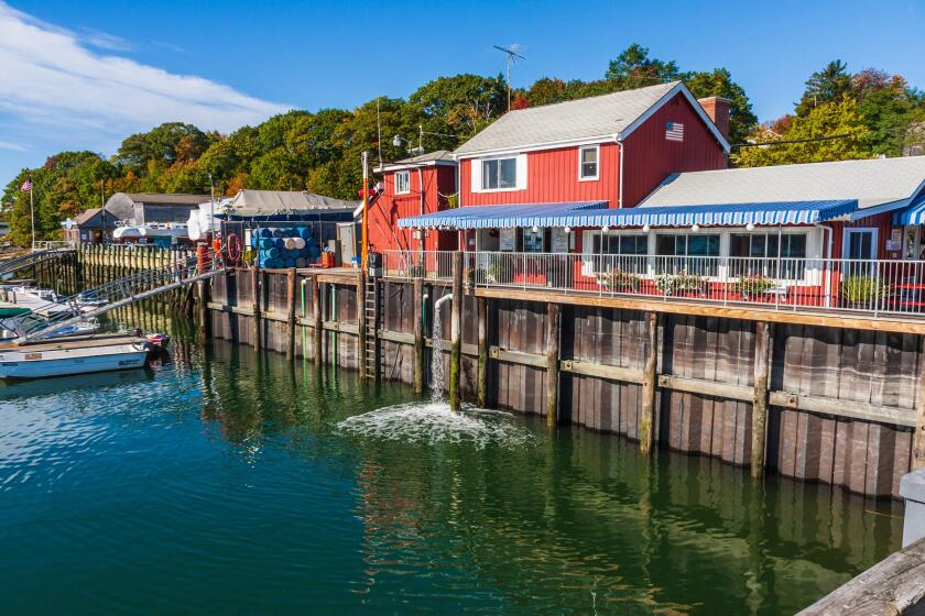 Freeport Town Wharf area at South Freeport harbor, South Freeport, Maine. Harraseeket Lunch and Lobster restaurant in Harraseeket Historic District.