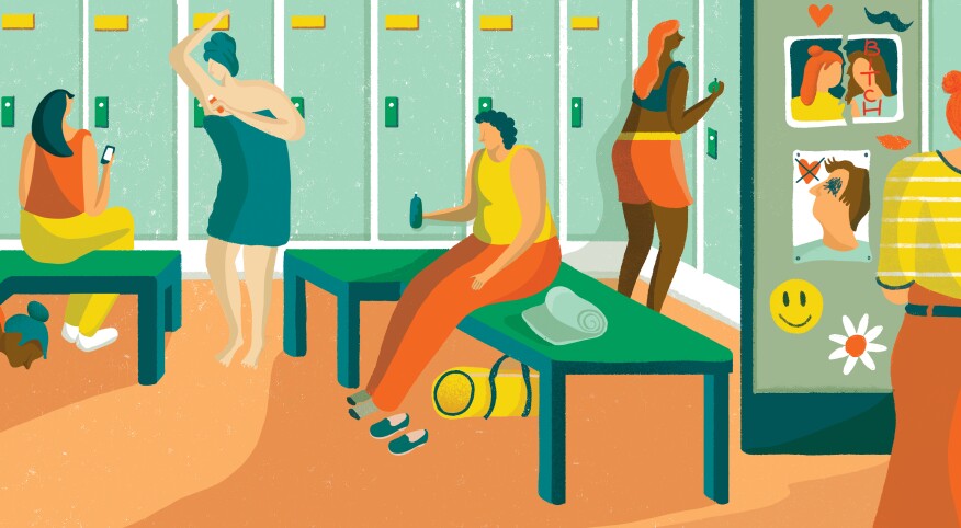 Illustration of women in a high school locker room