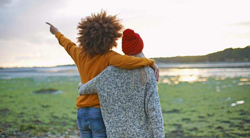 Rear view of two young forever friends by sea pointing at sunset
