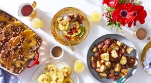 brunch table with waffles, potatoes and egg muffins