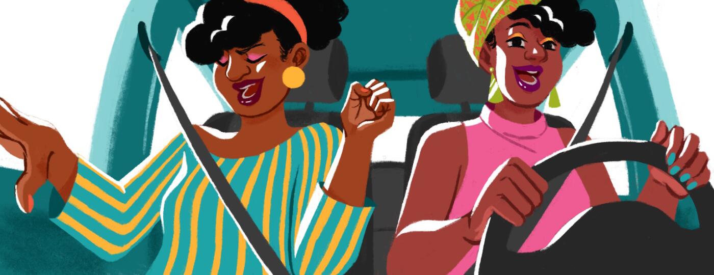 illustration of two black ladies singing in the car spotify playlist