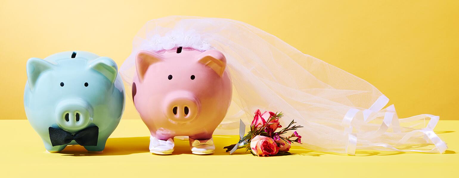 a blue groom piggy bank and pink bride piggy bank illustrating seperate bank accounts when married