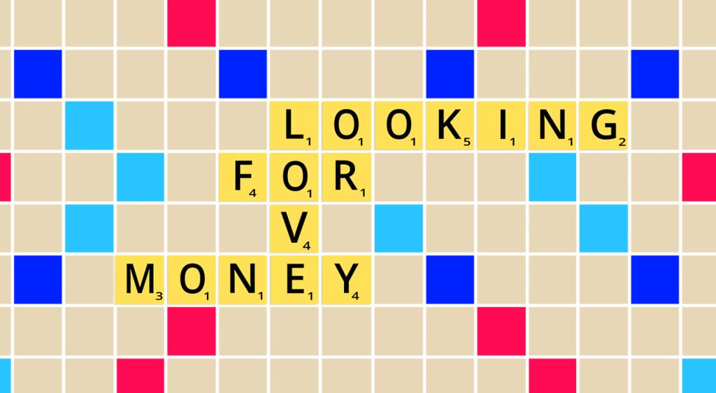 illustration of crossword puzzle with the words "looking", "for", "love", and "money"