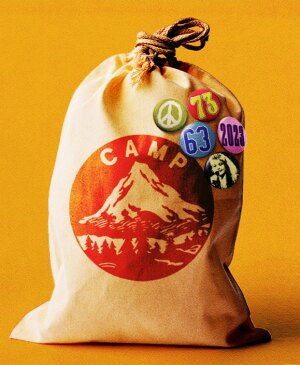 photo illustration of camping bag, summer, campsite