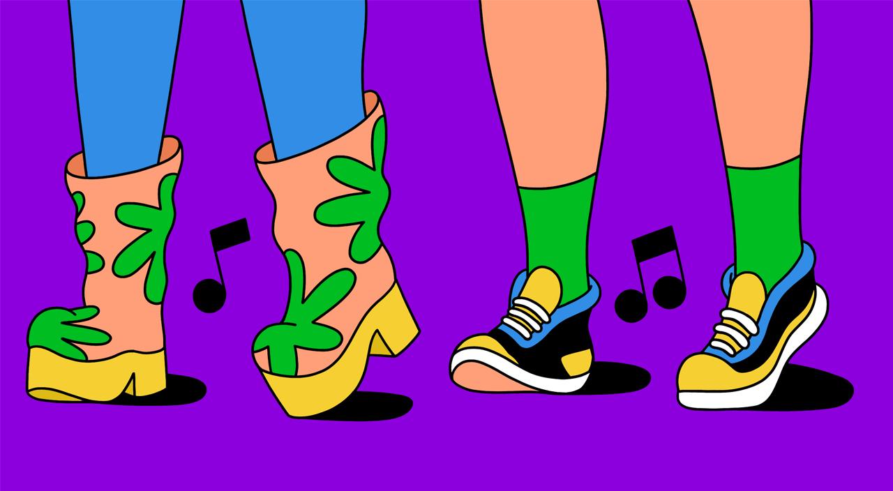 Legs of a mother and daughter dancing with different styles of footwear