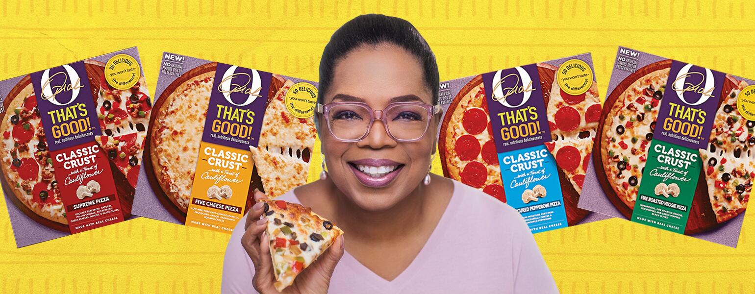 Photo collage of Oprah and her frozen pizza line