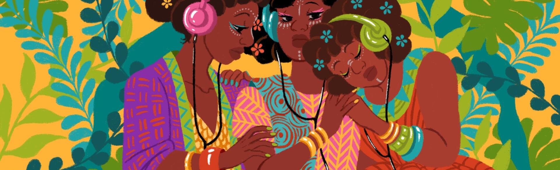 illustration of three ladies hugging and hearing music